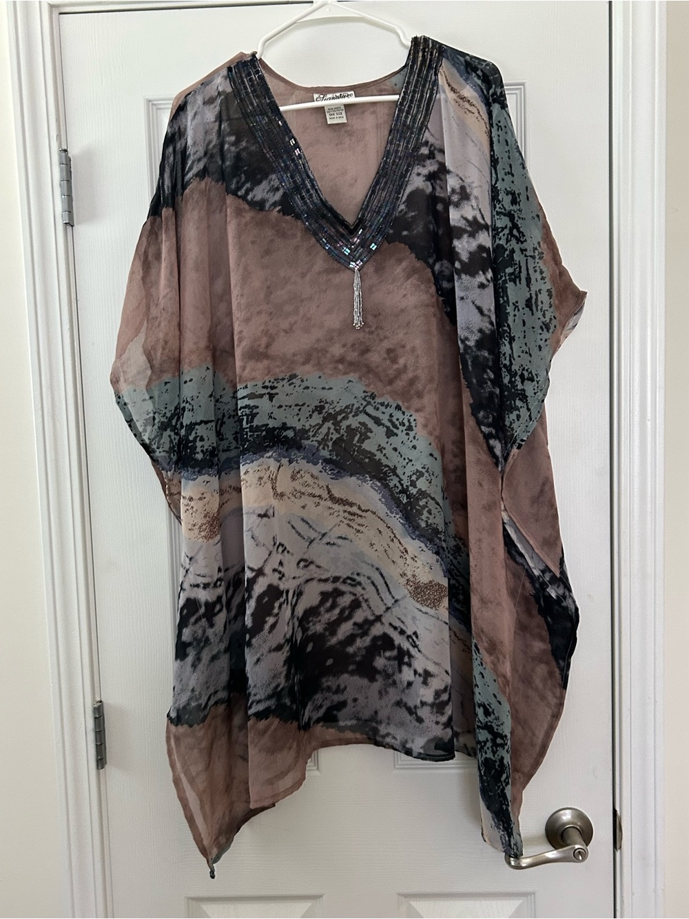 Signature JMB  Brown Black Gray Beaded V-Neck Tunic